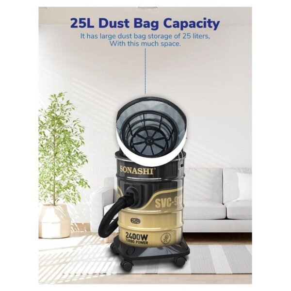 Sonashi Aspirateur 25 L puissante et silencieuse Filtration multi-niveaux SVC-9125D-2400 W, Noir et Beige – Image 7