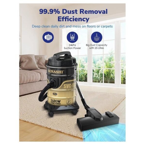 Sonashi Aspirateur 25 L puissante et silencieuse Filtration multi-niveaux SVC-9125D-2400 W, Noir et Beige – Image 4