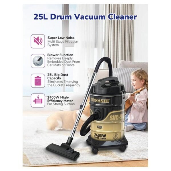 Sonashi Aspirateur 25 L puissante et silencieuse Filtration multi-niveaux SVC-9125D-2400 W, Noir et Beige – Image 2