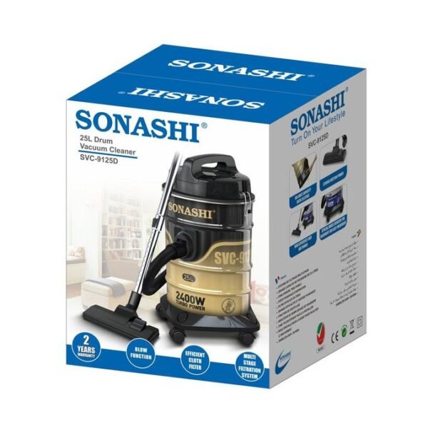 Sonashi Aspirateur 25 L puissante et silencieuse Filtration multi-niveaux SVC-9125D-2400 W, Noir et Beige
